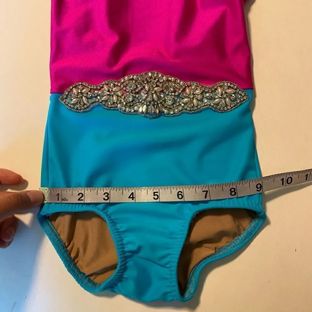 Custom rhinestoned dance costume hot pink Aqua blue leotard child S